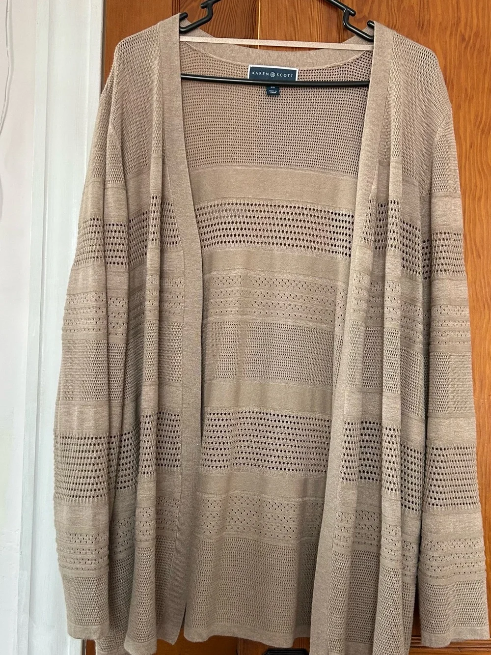 Karen Scott Lightweight Open-Front Taupe Knit Cardigan - Picture 1 of 2